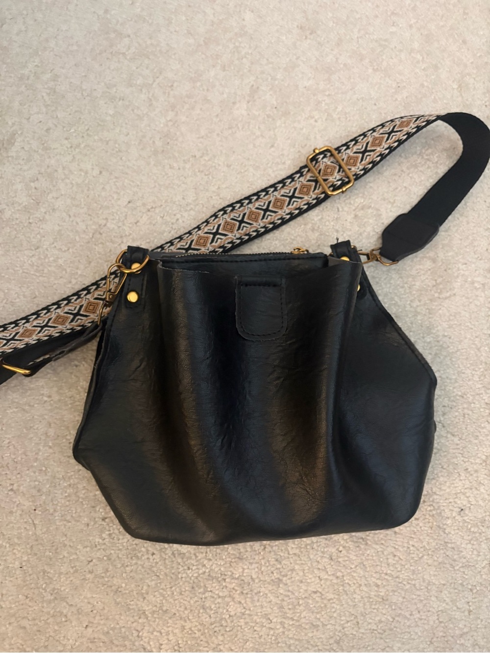Black Leather Crossbody Bag with Patterned Strap